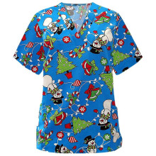 (Blue, L) Christmas Women Nursing Uniform Scrub Short Sleeve T-shirt Xmas Blouse Tee Tops