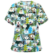 (Green, 2XL) Christmas Women Nursing Uniform Scrub Short Sleeve T-shirt Xmas Blouse Tee Tops