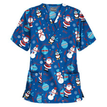 (Dark Blue, XL) Christmas Women Nursing Uniform Scrub Short Sleeve T-shirt Xmas Blouse Tee Tops