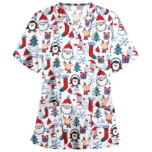 (White Penguin, L) Christmas Women Nursing Uniform Scrub Short Sleeve T-shirt Xmas Blouse Tee Tops