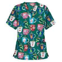 (Cup Green, XL) Christmas Women Nursing Uniform Scrub Short Sleeve T-shirt Xmas Blouse Tee Tops