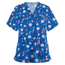 (Tooth Print Blue, S) Christmas Women Nursing Uniform Scrub Short Sleeve T-shirt Xmas Blouse Tee Tops