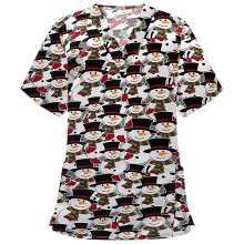 (White, 2XL) Christmas Women Nursing Uniform Scrub Short Sleeve T-shirt Xmas Blouse Tee Tops