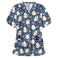 (Snowman Dark Blue, 2XL) Christmas Women Nursing Uniform Scrub Short Sleeve T-shirt Xmas Blouse Tee Tops