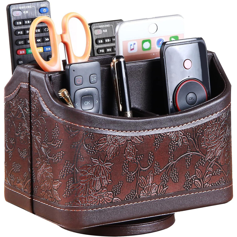 Leather 360 Rotatable Remote Control Holder, Nightstand Tv Remote Box, Office Supplies Desk Organizer, Rotating Organizer For Pens, Mail, Phone, Dvd,