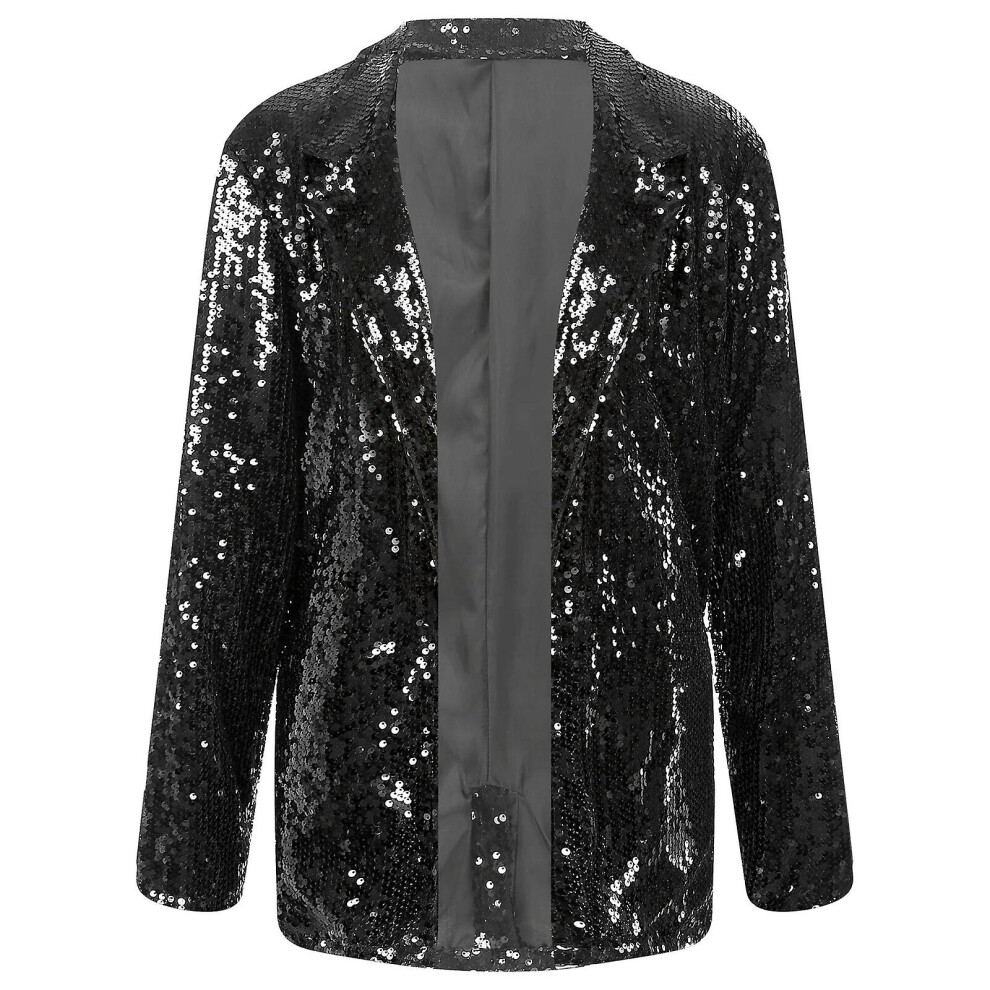 (L, Black) Womens Blazers Sparkly Sequins Long Sleeve Open Front Shiny Blazer Wedding Jacket For Nightclub Cocktail Party Wrap Evening Cape