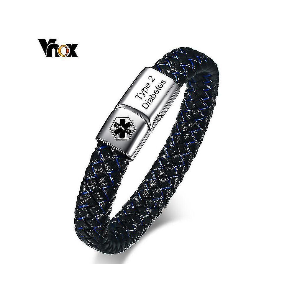 (Type 2 Diabetes, 20.5cm) Medical Men's Id Bracelet Braided Leather Bangle With Clasp Diabetes Copd Alzheimer Personalized Jewelry