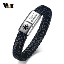 (Type 1 Diabetes, 20.5cm) Medical Men's Id Bracelet Braided Leather Bangle With Clasp Diabetes Copd Alzheimer Personalized Jewelry