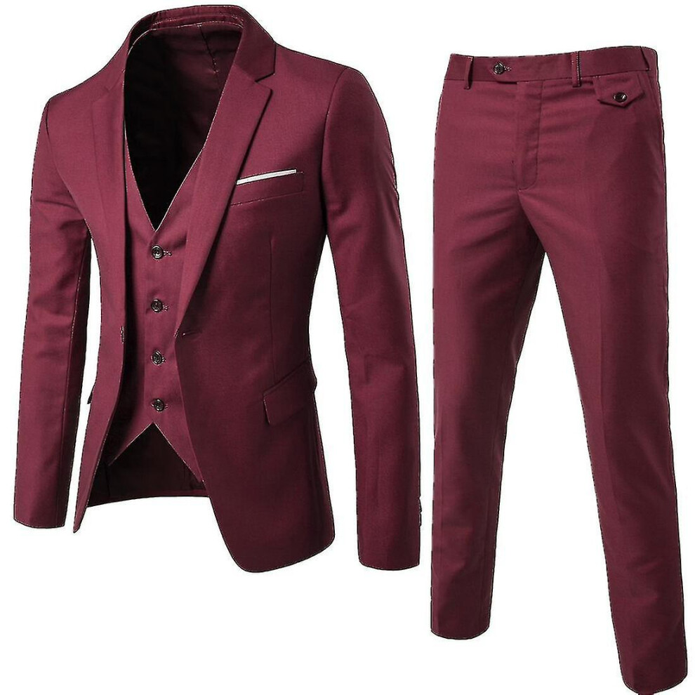 (Red, XL) Men's 3 Piece   Fit Suit Set One Button Solid Jacket Vest Pants Business Set V Z