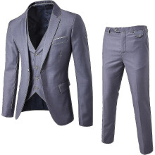 (Grey, XS) Men's 3 Piece Fit Suit Set One Button Solid Jacket Vest Pants Business Set V Z