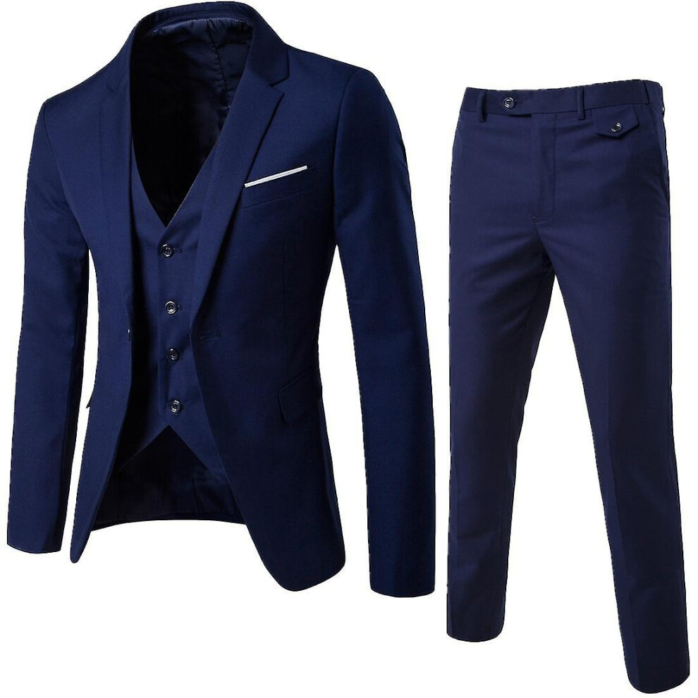 (Navy blue, XL) Men's 3 Piece   Fit Suit Set One Button Solid Jacket Vest Pants Business Set V Z-image-OPC-PDWXRHF-NEW