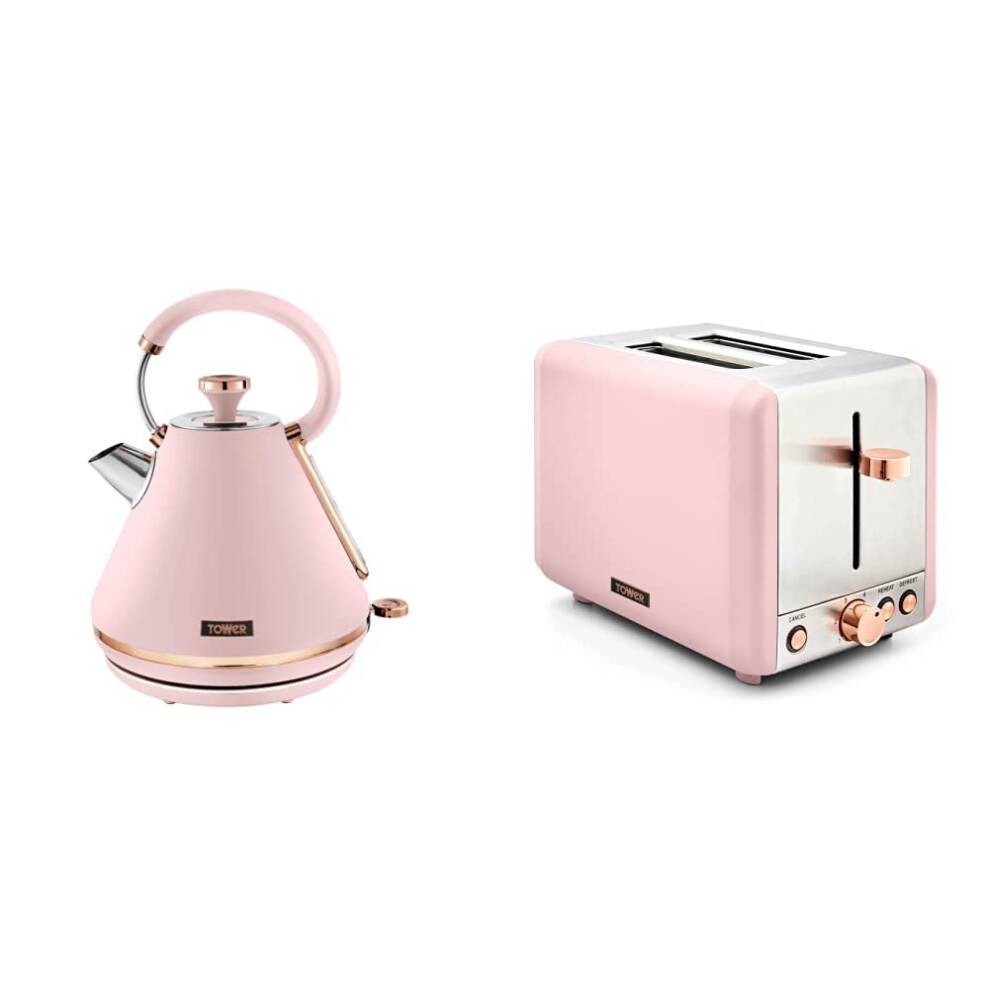 T10044PNK Cavaletto 1.7 Litre Pyramid Kettle with Rapid Boil, Marshmallow Pink and Rose Gold & T20036PNK Cavaletto 2-Slice Toaster with Defrost/Reheat