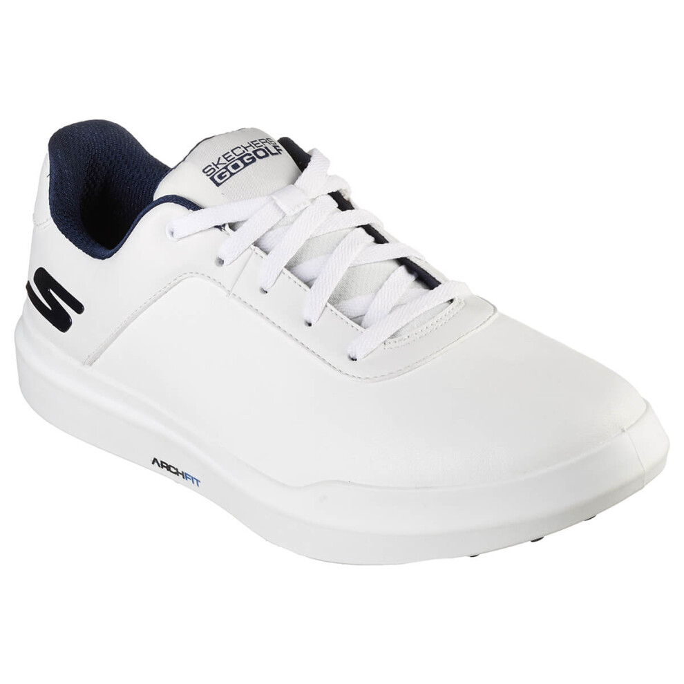 (UK 10, White/Navy) Skechers Mens 2022 Go Golf Drive 5 Waterproof Spikeless Leather Golf Shoes