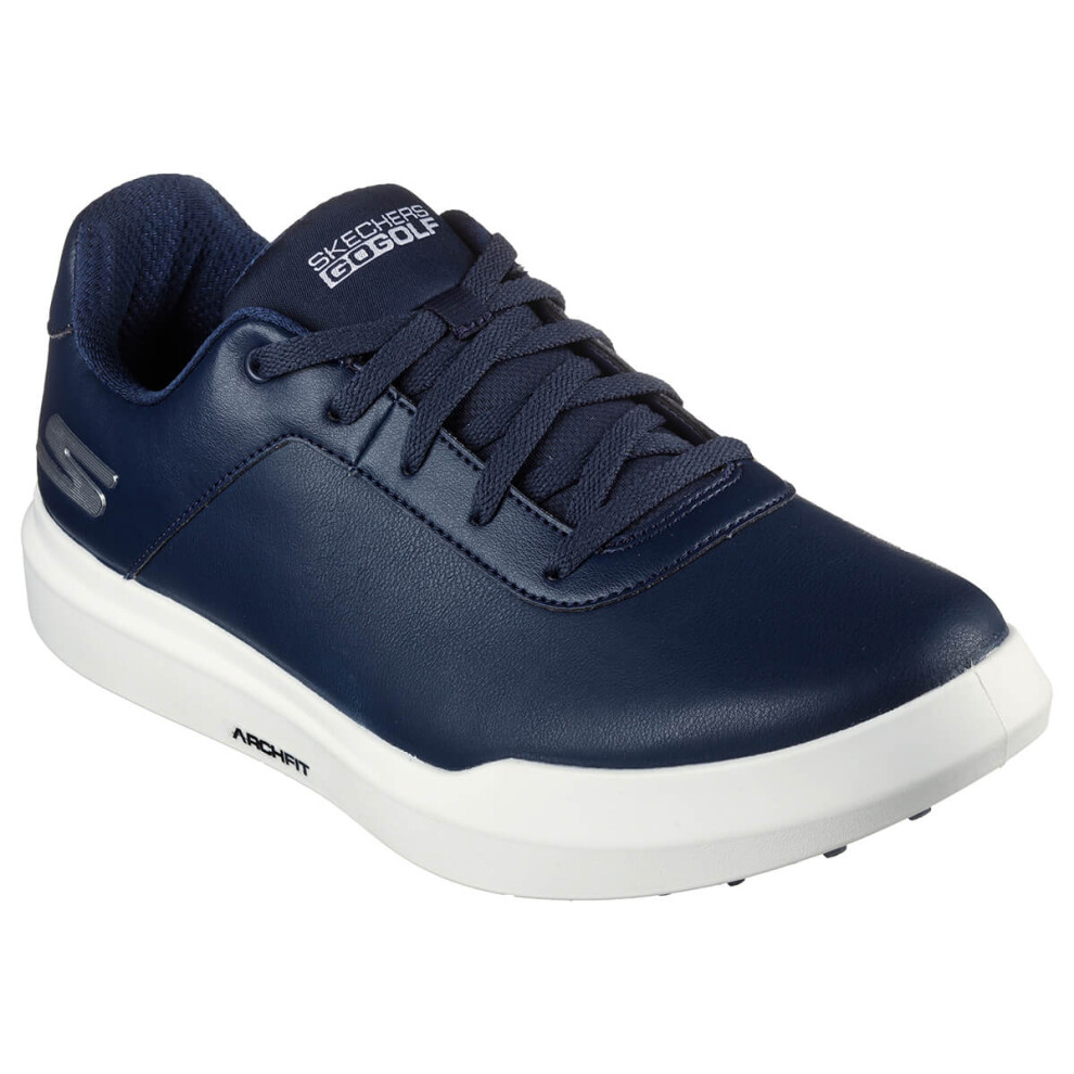 (UK 10.5, Navy/White) Skechers Mens 2023 Go Golf Drive 5 Waterproof Leather Arch Fit Golf Shoes