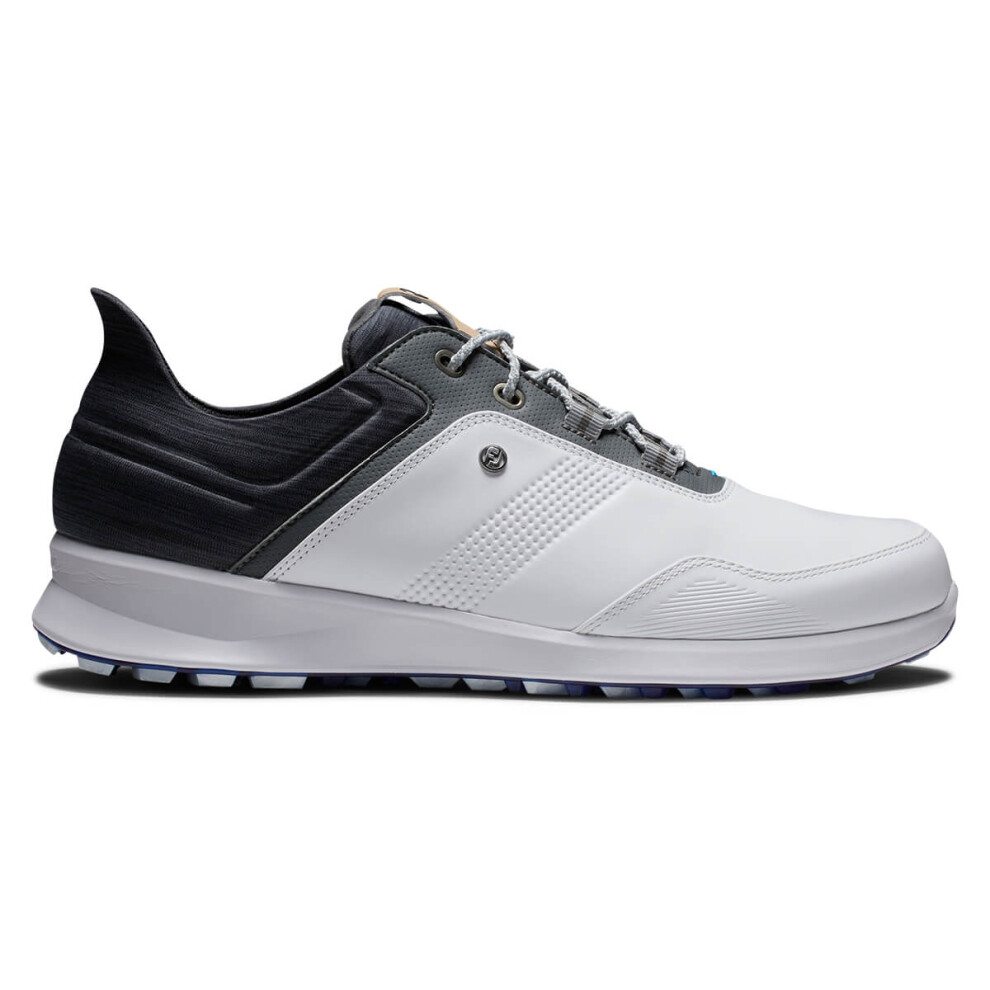 (UK 7, White/Black/Iron) FootJoy Mens Stratos Waterproof StratoFoam Spikeless Leather Golf Shoes