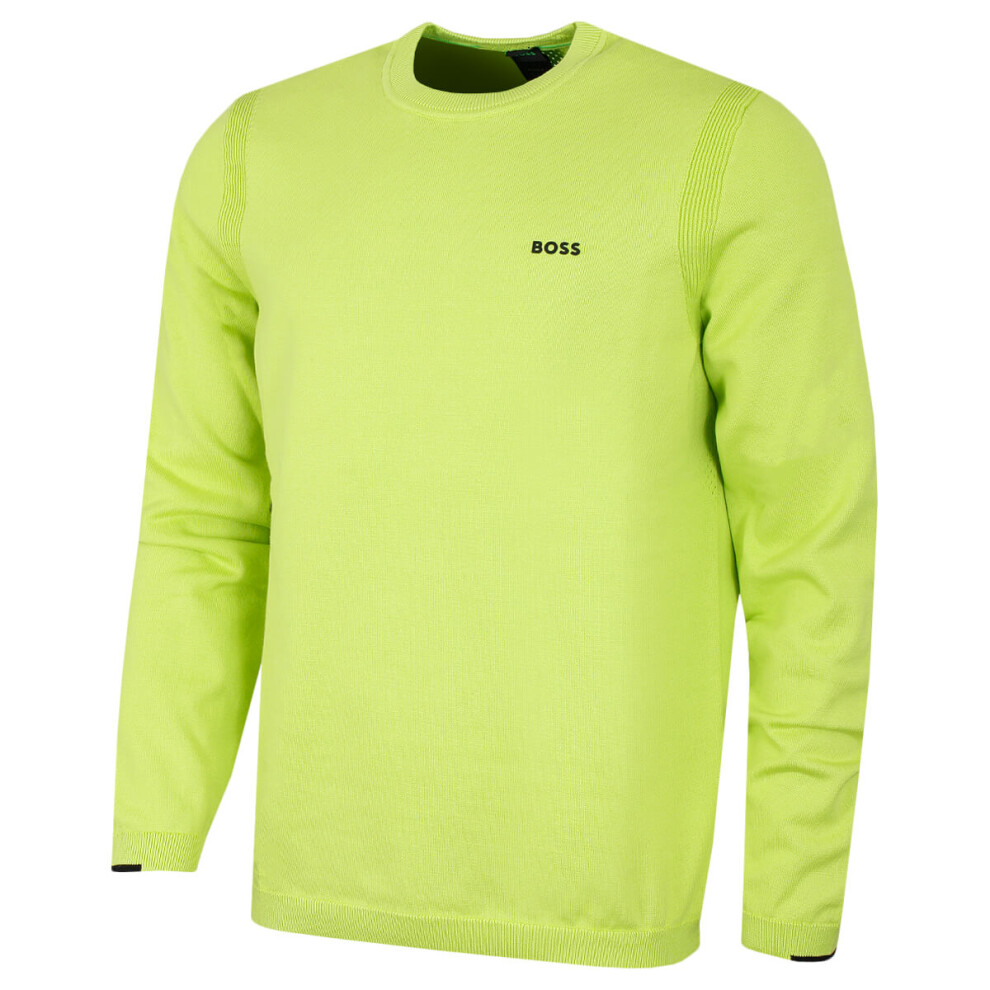 (L, Bright Green) Hugo Boss Mens 2023 Ever-X Perforated Cotton Blend Crew Neck Golf Sweater