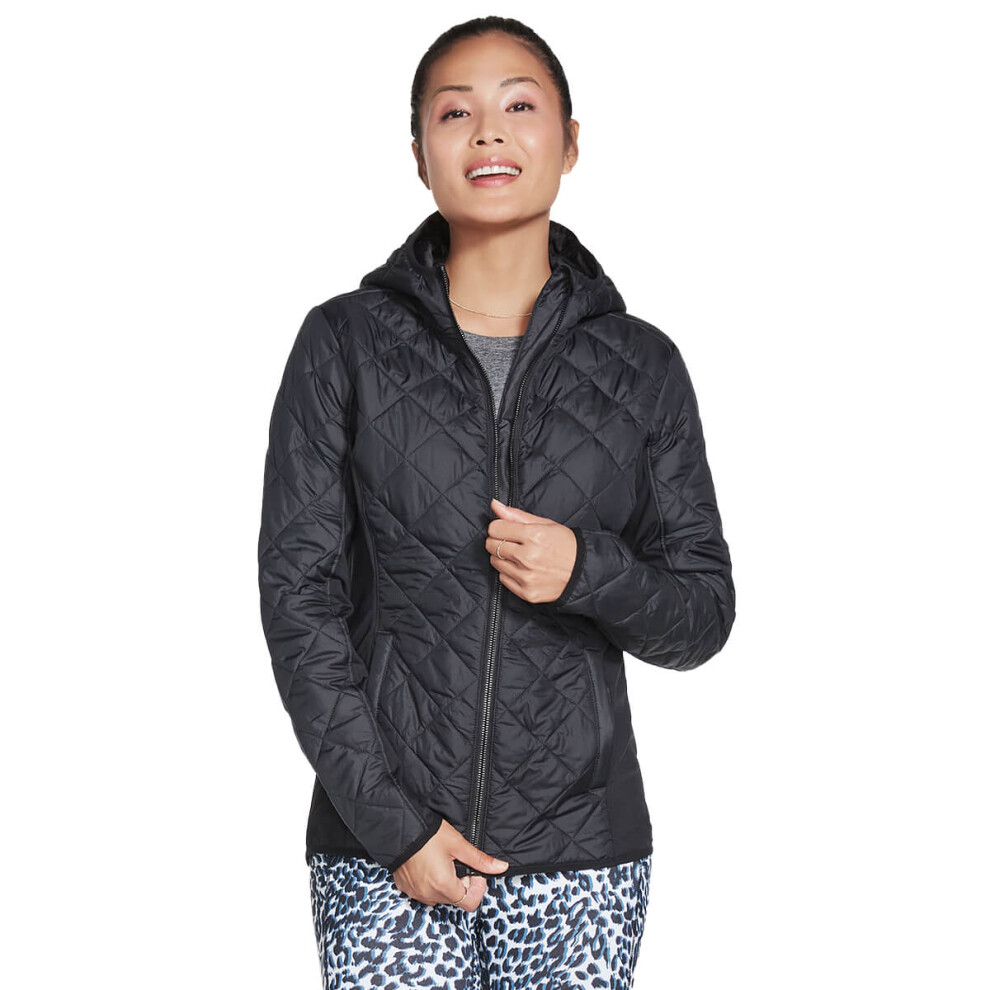 (S, Bold Black) Skechers Womens 2021 Everyday Lightweight Reflective Quilted Puffer Jacket