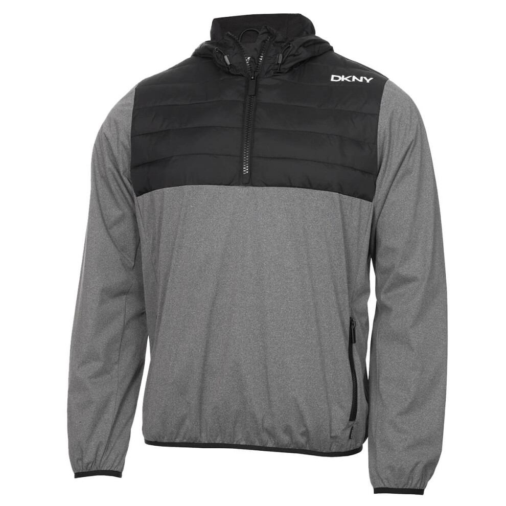 (L, Grey Marl/Black) DKNY Mens 2021 Down Wind Water Resistant Hybrid 1/4 Zip Padded Light Jacket