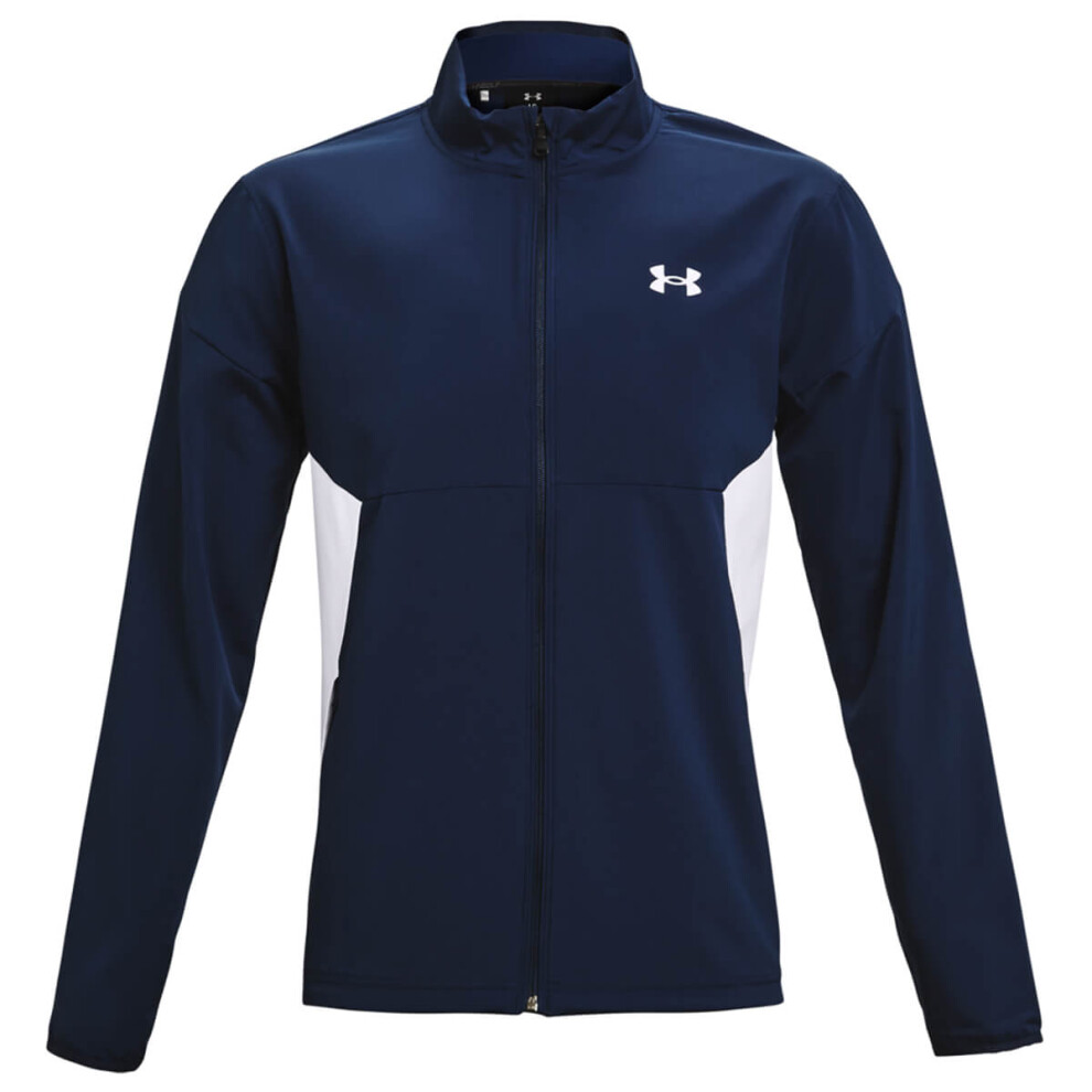 (S, Academy/White) Under Armour Mens 2021 Storm Windstrike Full Zip Stretch Windproof Golf Jacket