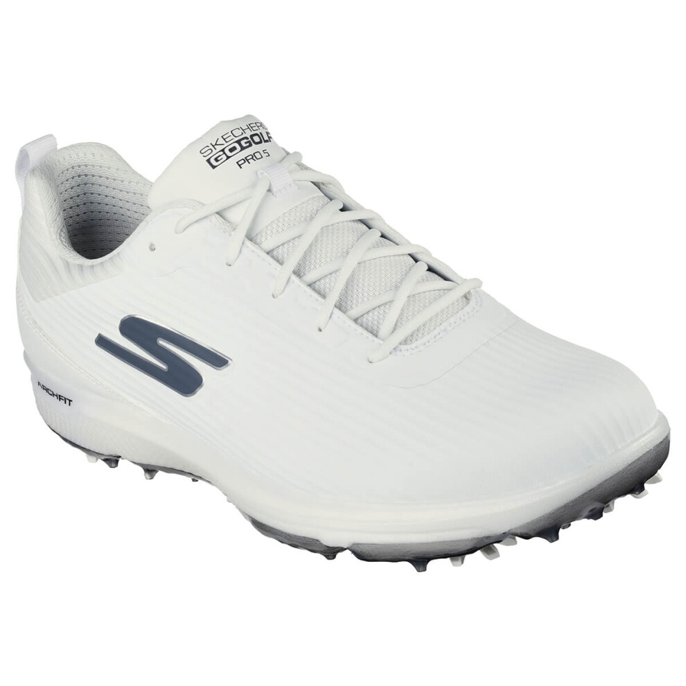 (UK 9.5, White/Grey) Skechers Mens 2023 Go Golf Pro 5 Hyper Arch Fit Waterproof Spiked