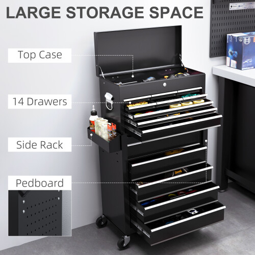 Homcom HOMCOM Rolling Tool Chest Lockable Roller Cabinet with with 14 Drawers Black 2
