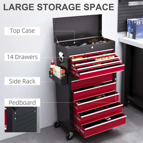 Homcom HOMCOM Rolling Tool Chest Lockable Roller Cabinet with with 14 Drawers Red 2