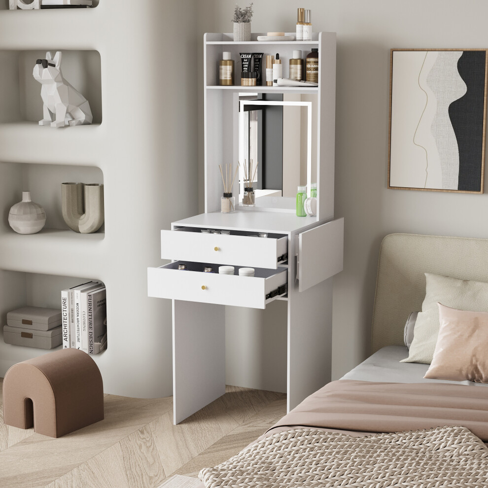 (White) Dressing Table Set LED Mirror Side Shelf 2 Drawer