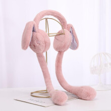 (Pink) Plush Earmuffs Rabbit Ears Moveable Ears Ear Warmers Pink Rabbit Ears Headband Winter Warm Ear Protection