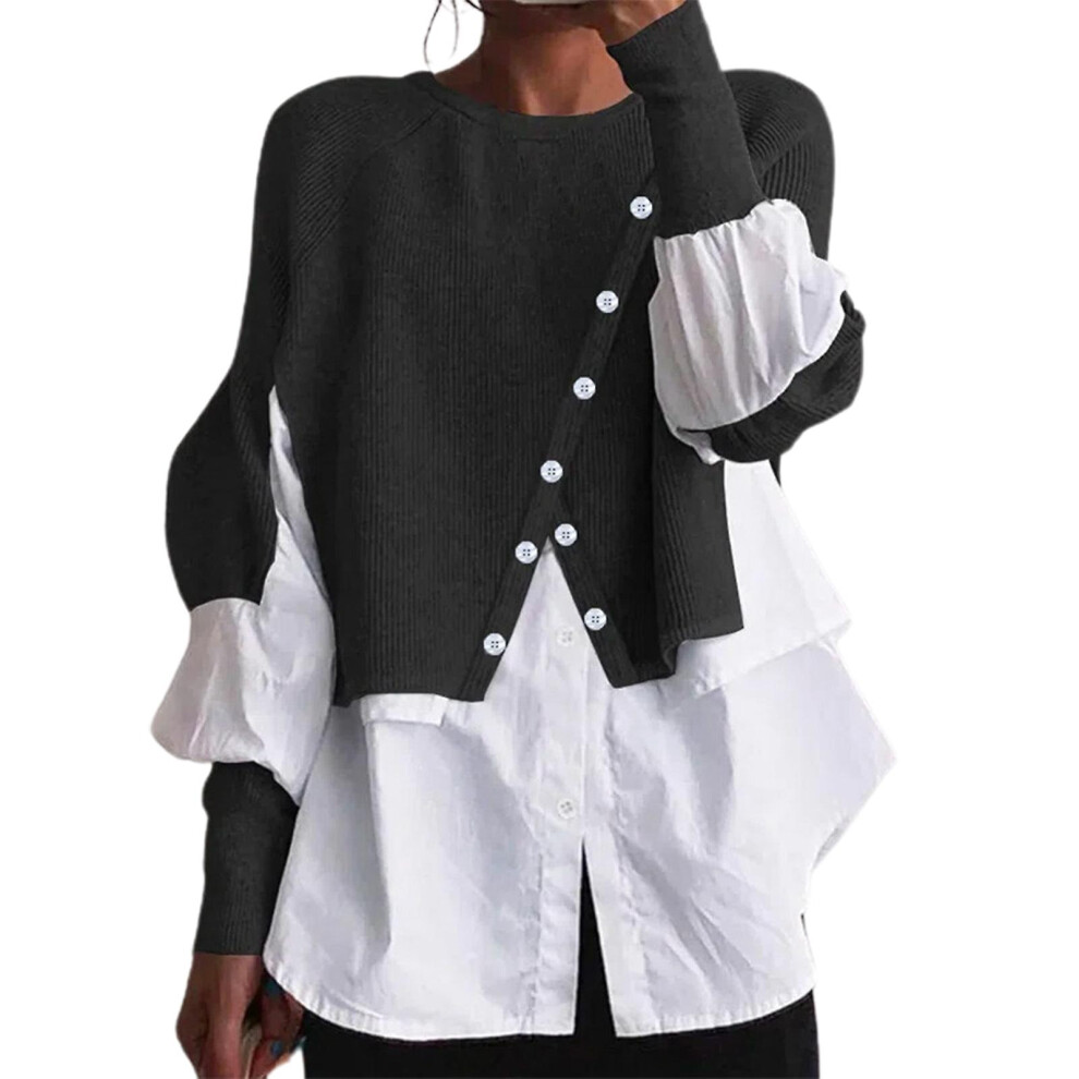(Black, 2XL) Women Autumn Sweater Long Sleeves Irregular Button Decoration Loose Color Matching Warm Patchwork Crew Neck Autumn Blouse-image-OPC-PDWZ7QZ-NEW