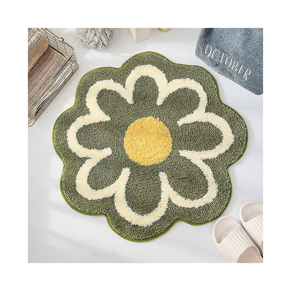 (Green) Flower Round Rug Super Soft Flocking Plush Floor Rug Living Room Non Slip Carpet Sofa Bedside Rugs Baby Crawling Mat Doormat Rug