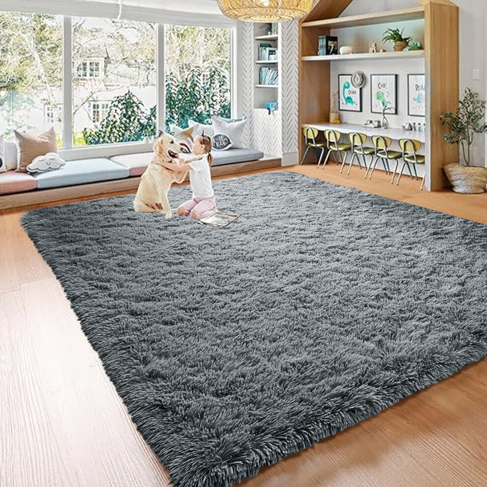 (200cm x 290cm (6ft 8in x 9ft 7in)- Extra Large Area Rug/Carpet ) Non Slip Rugs Living Room Bed Room Shaggy Grey Rug