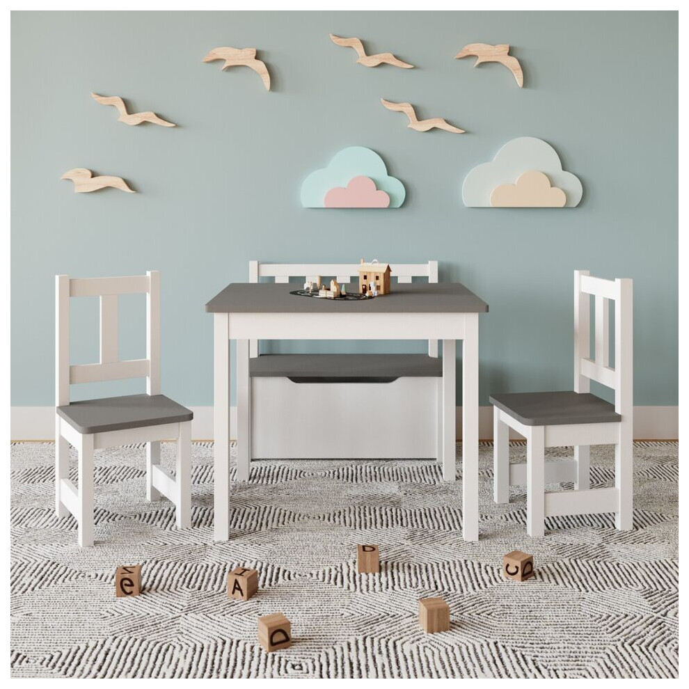 (White/Grey) Wooden Kids Table, 2 Chairs & Toy Storage Bench