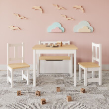 (White/Oak) Wooden Kids Table, 2 Chairs & Toy Storage Bench