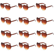 (Light Brown) 12 Pairs Heart Shape Sunglasses, Rimless Heart Glasses Bachelorette Sunglasses Transparent Candy Color Heart Sunglasses For Women Teens Party Favors