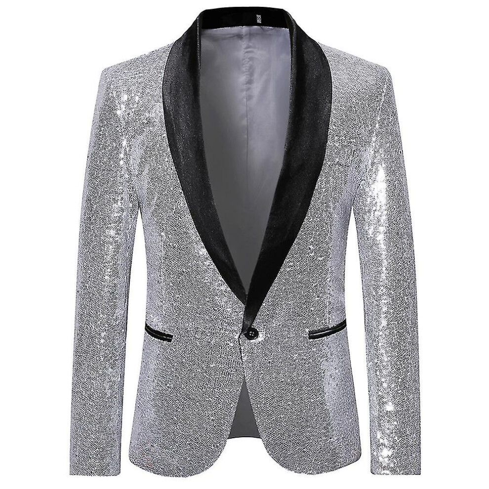 (Silver, L) Mens Fashion Sequin Casual Blazer Wediing Celebration Suit Jacket