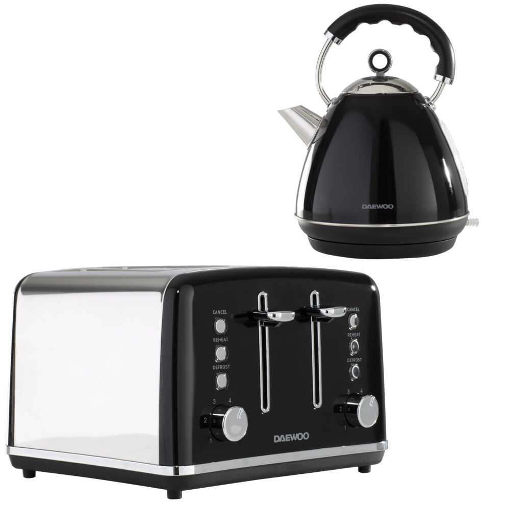 (Black) Daewoo Kensington Retro Electric Matching Toaster and Kettle Set 1.7L Rapid Boil 4 Slice Vintage Combo Bundle Pack Stainless Steel Range Combo