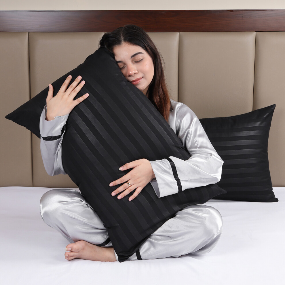 (Black, 2-Pack Pillowcase Satin Stripe) Stripe Duvet Cover Set Bed Quilt & Pillowcase Pair