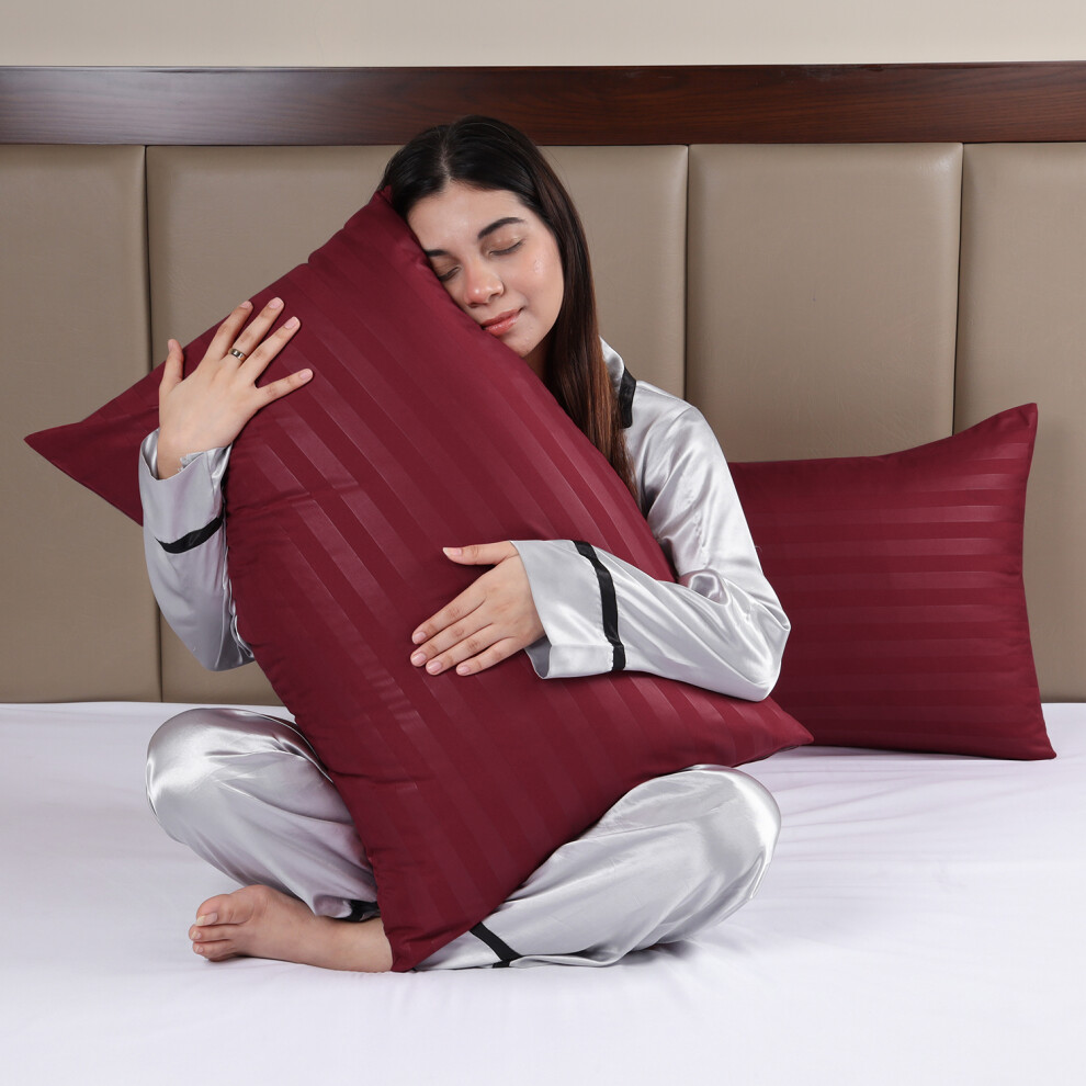 (Burgundy, 2-Pack Pillowcase Satin Stripe) Stripe Duvet Cover Set Bed Quilt & Pillowcase Pair