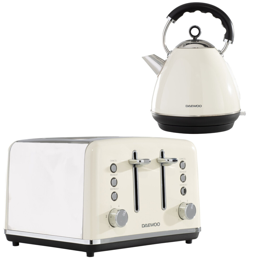 (Cream) Daewoo Kensington Retro Electric Matching Toaster and Kettle Set 1.7L Rapid Boil 4 Slice Vintage Combo Bundle Pack Stainless Steel Range Combo
