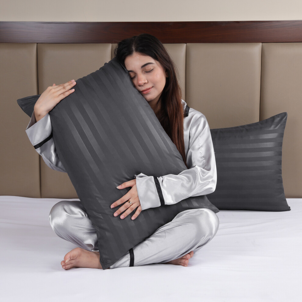 Imperial Rooms (Charcoal, 2-Pack Pillowcase Satin Stripe) Stripe Duvet Cover Set Bed Quilt & Pillowcase Pair Grey