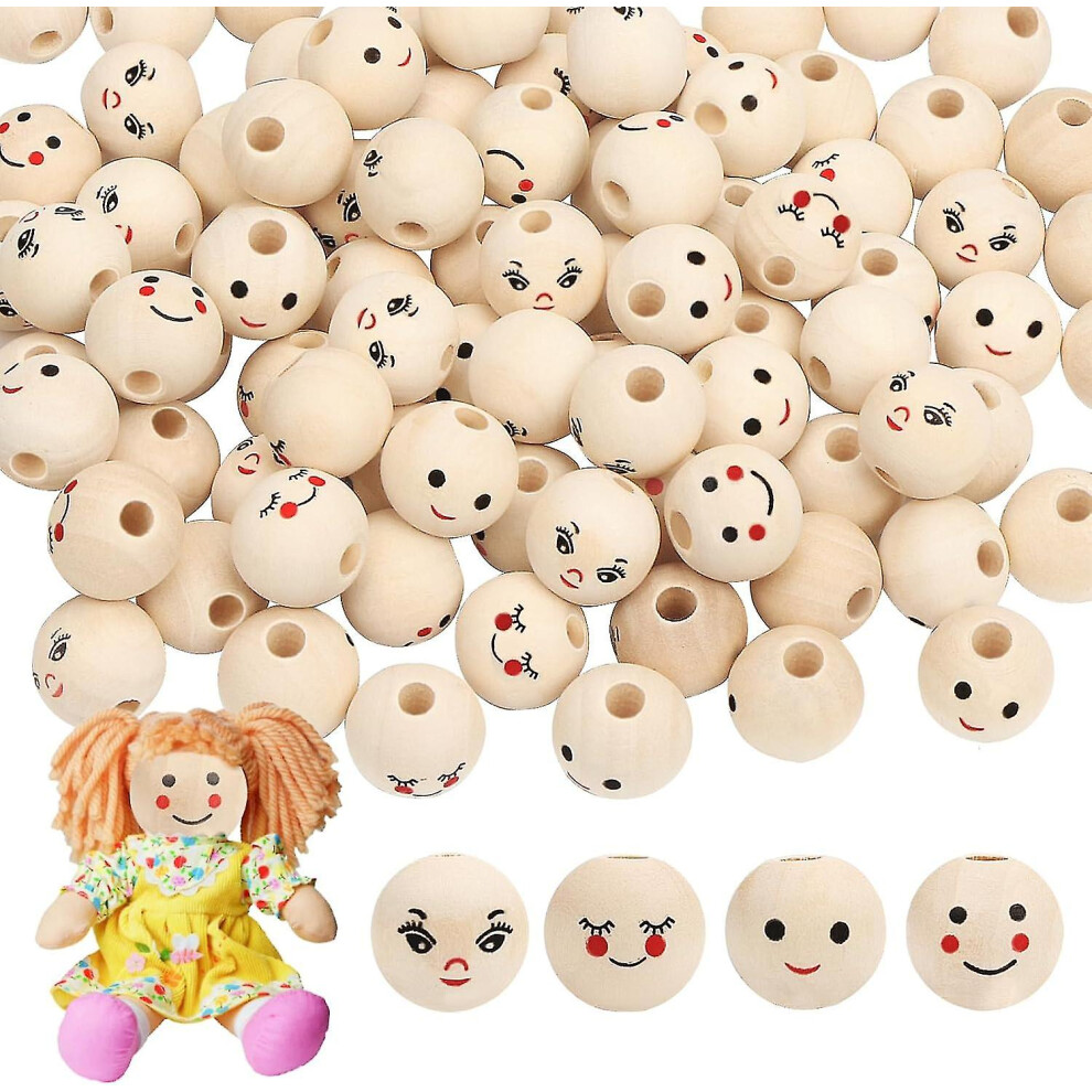 Wooden Balls With Face - 100 Wooden Beads With Smiley Faces (20 Mm, Round Beads For Diy Handmade Decorations)
