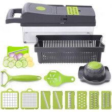12-in-1 Mandoline Slicer with Container - 8-Blade Veg Cutter, Safe Hand Guard, Non-Slip, Easy Clean