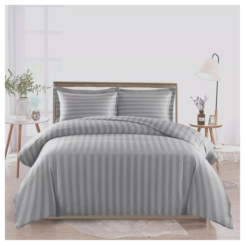 (Silver, Single) Stripe Duvet Cover Set Bed Quilt & Pillowcase Pair