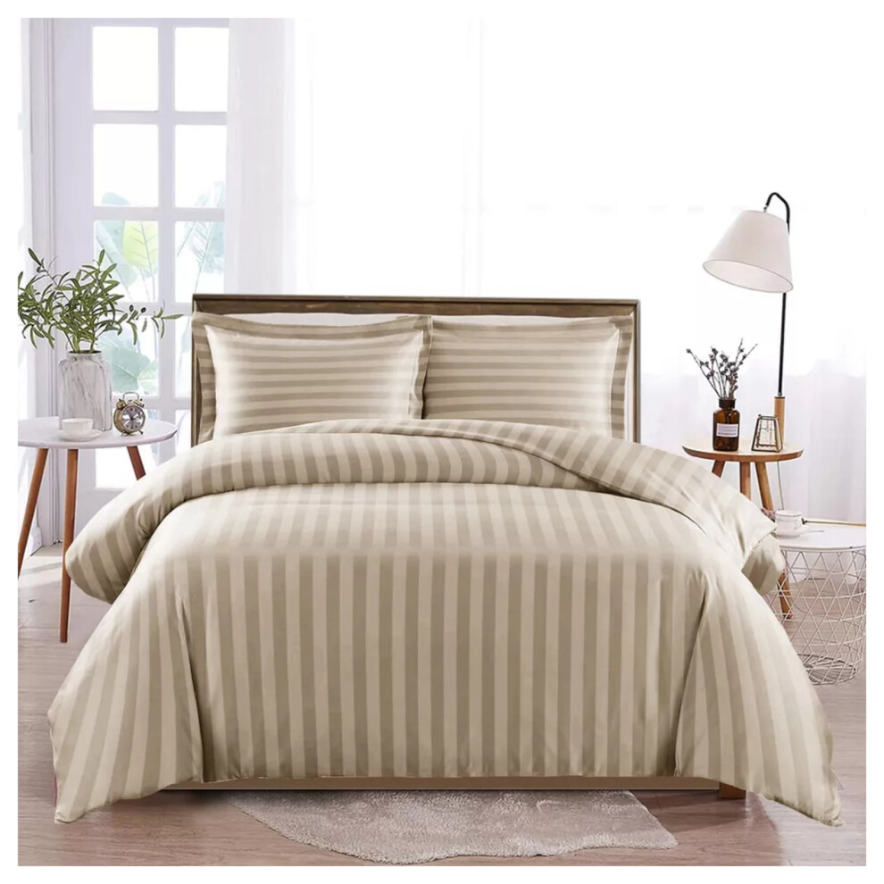 (Beige, Double) Stripe Duvet Cover Set Bed Quilt & Pillowcase Pair