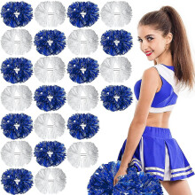 (Blue Matte White) 24 Pack Metallic Cheerleading Pom Pom 12 Inch Cheerleader Pom Poms With Baton