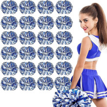 (Metallic Blue Matte White) 24 Pack Metallic Cheerleading Pom Pom 12 Inch Cheerleader Pom Poms With Baton