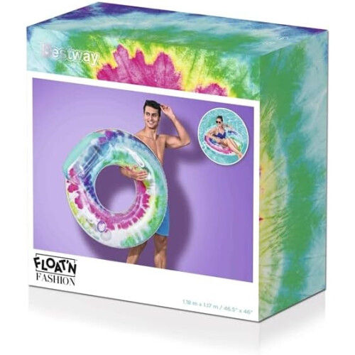 Bestway Retro Tie Dye Inflatable Pool Ring Float With Headrest & Cup Holder 2