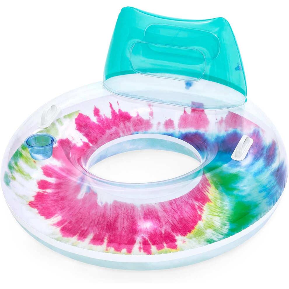 Bestway Retro Tie Dye Large Inflatable Swimming Pool Ring Float With Headrest & Cup Holder