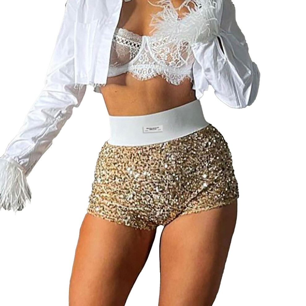 (Apricot, S) Elastic High Waist Sequin Shorts Women Bar Holiday Party Fashionable Casual Slim Fit Glitter Shorts