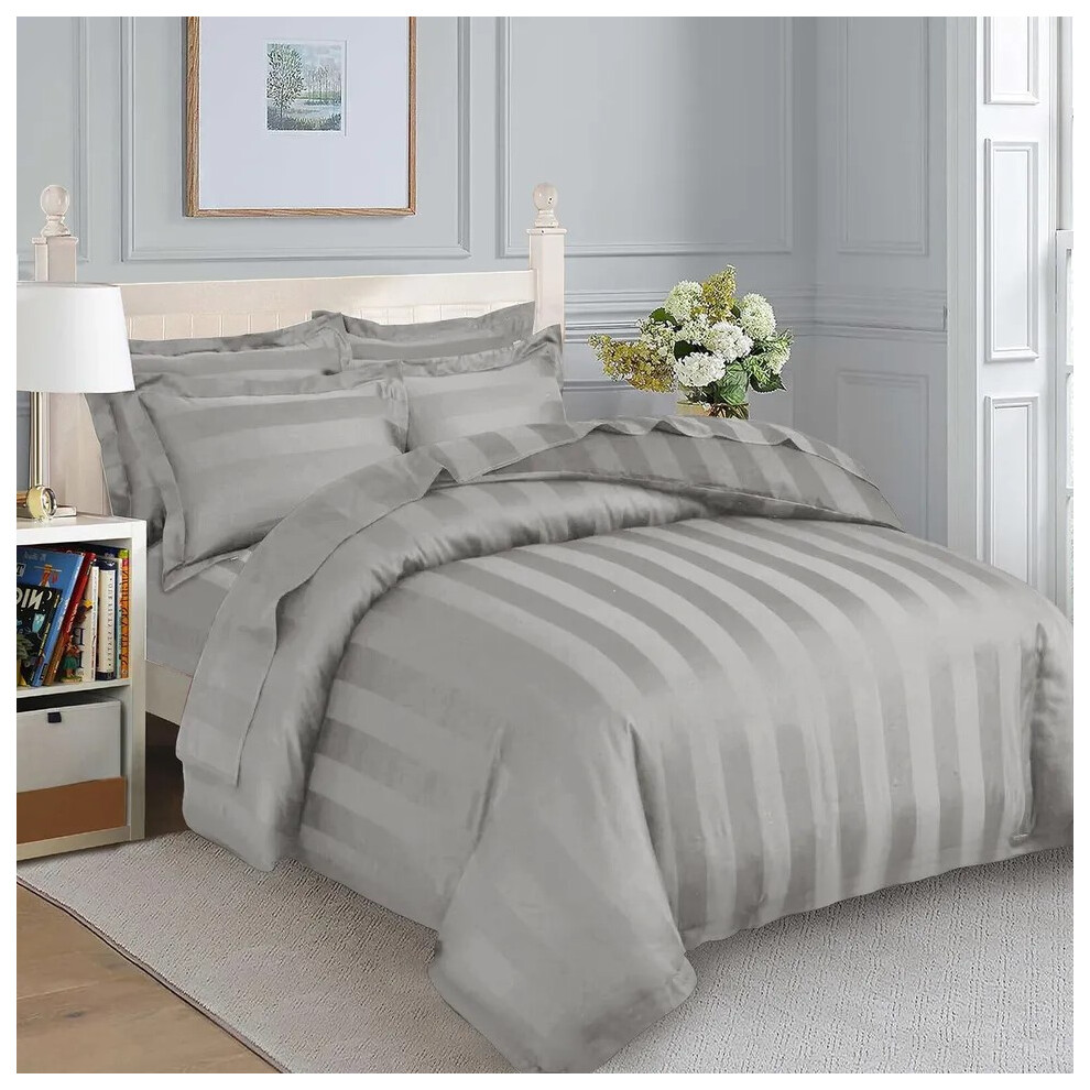 (Silver, Super King: 260 X 220 CM) Stripe Duvet Quilt Cover Reversible Bedding Set with Pillowcases